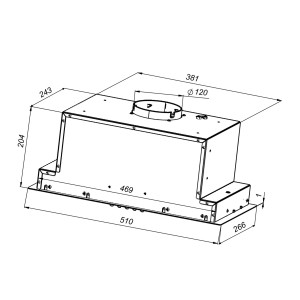 Rysunek techniczny płaskiego okapu kuchennego z wymiarami.