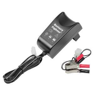 Czarna ładowarka do akumulatorów t.b.t. z kablem i zaciskami.