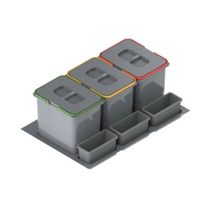 Szare pojemniki na odpady z kolorowymi pokrywkami do systemów porządkowych do kuchni.