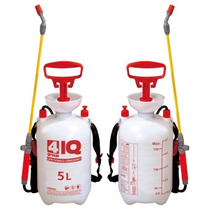 Dwa białe opryskiwacze ciśnieniowe 5L z czerwonym uchwytem i żółtą lancą.