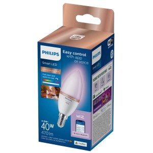 Żarówka Philips Smart LED E14 w kształcie świeczki, Tunable White & Color w pudełku.