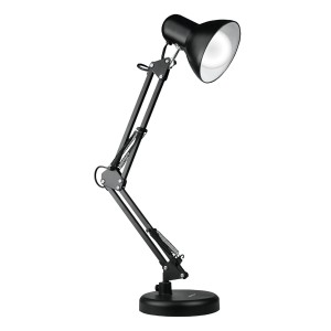 Czarna lampka biurkowa z regulowanym ramieniem dla optymalnego oświetlenia.