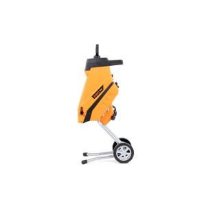 Żółty elektryczny rozdrabniacz do gałęzi o mocy 2500 W z kołami ułatwiającymi transport.