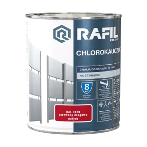Puszka farby antykorozyjnej Rafil Chlorokauczuk, czerwona (RAL 3020), do metalu i betonu.