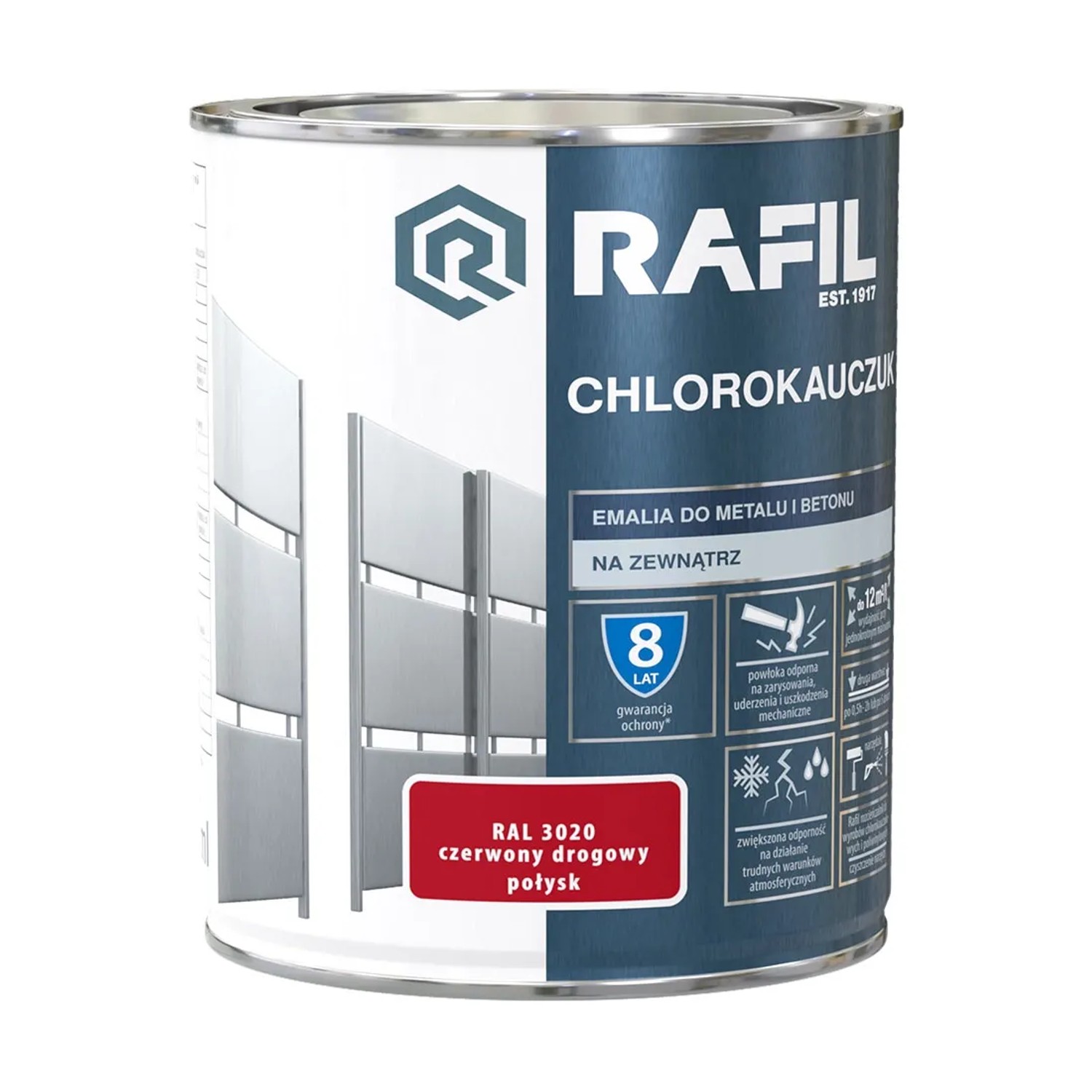Rafil Chlorokauczuk do metalu i betonu 0,75L czerwony drogowy RAL3020