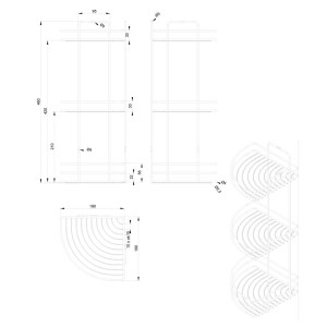 Rysunek techniczny zestawu akcesoriów łazienkowych t.b.t. z wymiarami.