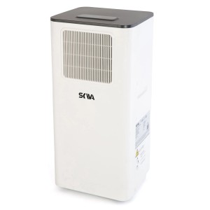 Biały, przenośny klimatyzator t.b.t. z szarą pokrywą i kratką wentylacyjną.