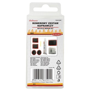 Zestaw naprawczy do roweru z łatkami, klejem i papierem ściernym.