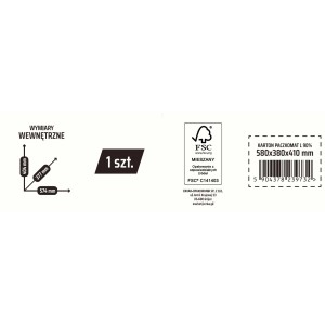 Infografika dla kartonu t.b.t.: wymiary wewnętrzne, znak FSC, kod kreskowy i wymiary kartonu 580x380x410 mm.