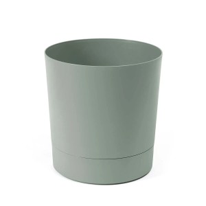 Szara, okrągła doniczka t.b.t. do użytku wewnątrz i na zewnątrz.