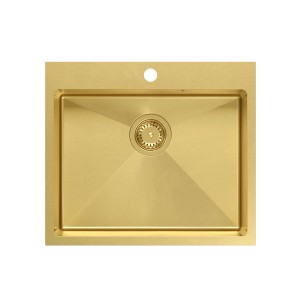 Złoty zlew ze stali nierdzewnej, widok z góry. Elegancki design do nowoczesnej kuchni.