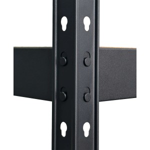 Zbliżenie: Czarny regał magazynowy z połączeniem nitowym i półką MDF.