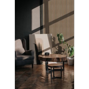 Salon z panelami ściennymi t.b.t. o wyglądzie drewna, w połączeniu z meblami i dekoracjami.