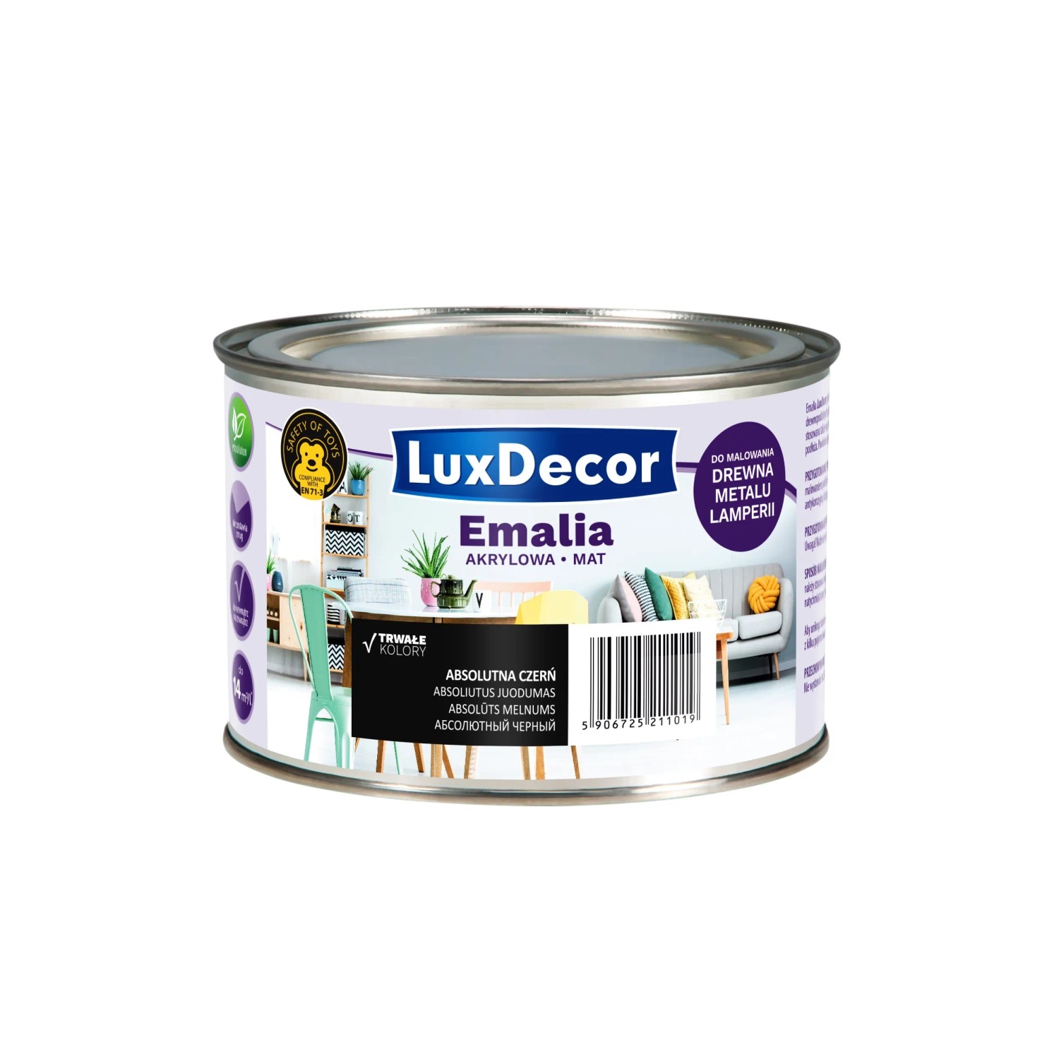 LuxDecor Emalia akrylowa do drewna i metalu mat absolutna czerń 400 ml