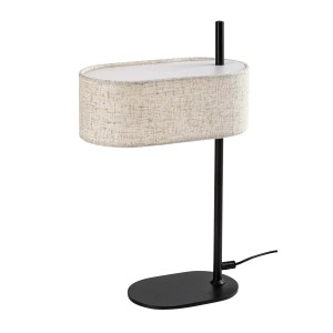 Dekoracyjna lampa stołowa z beżowym abażurem i czarną podstawą.