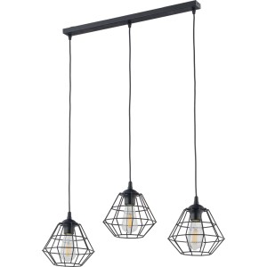 Czarna lampa wisząca w stylu industrialnym z trzema źródłami światła, nowe trendy.