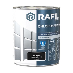 Puszka farby antykorozyjnej Rafil Chlorokauczuk, RAL 9005 głęboka czerń, do metalu i betonu.