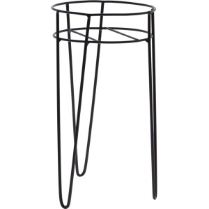 Czarny metalowy stojak na kwiaty t.b.t. z trzema nogami.