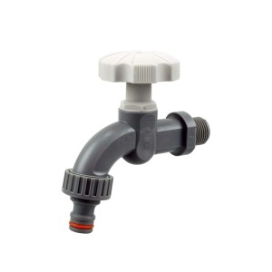 Szary kran z białym uchwytem do umywalki lub ogrodu.