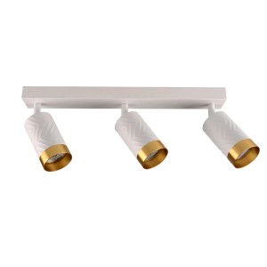 Biała listwa oświetleniowa LED z trzema reflektorami i złotymi akcentami.