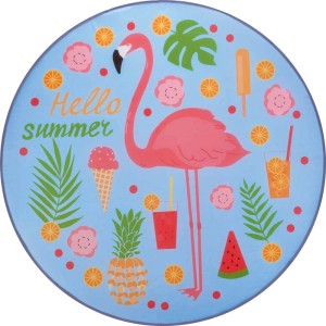 Okrągły koc plażowy z flamingiem, ananasem, lodami i napisem "Hello Summer" do campingu.