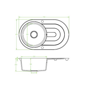 Rysunek techniczny zlewozmywaka granitowego t.b.t. z wymiarami.