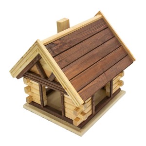 Drewniany karmnik dla ptaków w stylu chaty z brązowym dachem do ogrodu.