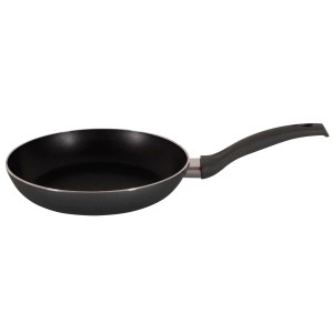 Czarna patelnia z powłoką nieprzywierającą i ergonomicznym uchwytem.