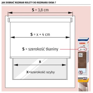 Ilustracja przedstawiająca sposób pomiaru rolety t.b.t.. Schemat z wymiarami.