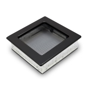 Kwadratowa wkładka kratki wentylacyjnej do akcesoriów kominkowych, czarna ramka.