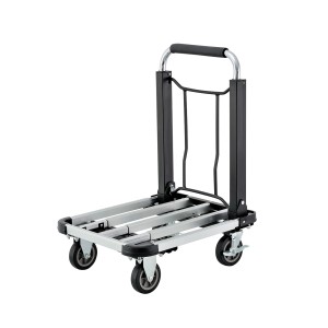 Kompaktowy, srebrny wózek transportowy/warsztatowy z czarnym uchwytem i kółkami.