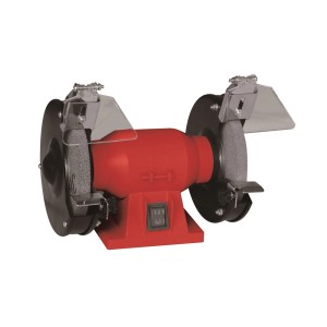 Czerwona szlifierka stołowa z tarczami szlifierskimi i osłonami.