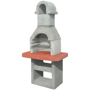 Szary grill betonowy z czerwoną półką. Idealny na przyjęcia w ogrodzie.