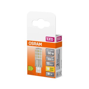 Żarówka LED G9 OSRAM, 4.9W, ciepła biel, w opakowaniu.