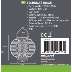 Düwi Lampa solarna BULLA 12LED 1800K 5lm IP44 czarna 1szt.