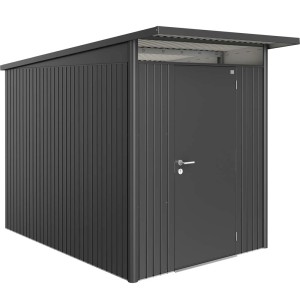 Metalowy domek narzędziowy Biohort AvantGarde A3 w kolorze ciemnoszary metalik ze standardowymi drzwiami.