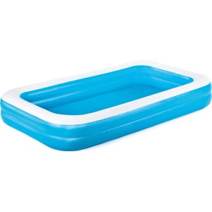 Prostokątny, nadmuchiwany basen w kolorze niebiesko-białym.