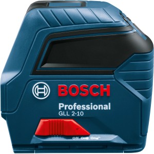 Niebieski laser krzyżowy Bosch Professional GLL 2-10 z czerwonym przełącznikiem.