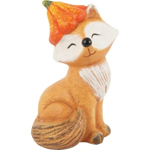 Dekoracyjna figurka ogrodowa: Uśmiechnięty lis w kapeluszu z dyni, idealna do dekoracji ogrodu.