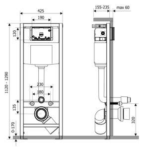 Rysunek techniczny zestawu WC z wymiarami do instalacji.