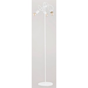 Biała lampa podłogowa t.b.t. z trzema źródłami światła do salonu.