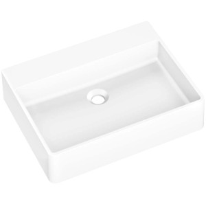 Prostokątna, biała umywalka nablatowa t.b.t. do łazienki.