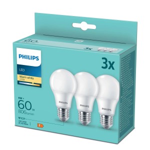 Zestaw 3 żarówek LED Philips E27, ciepła biel, 8W (odpowiednik 60W).