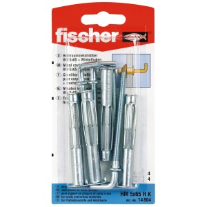 Fischer HM 5x65 metalowy kołek rozporowy do płyt z hakiem, 4 szt., do bezpiecznego mocowania w pustych przestrzeniach.