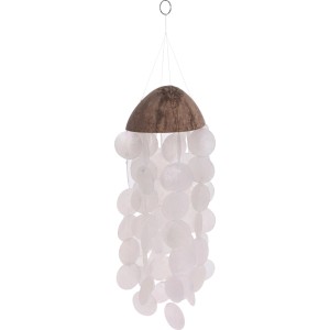 t.b.t. dzwonek wietrzny do dekoracji ogrodu z łupiną kokosa i białymi elementami.