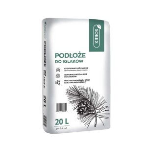 Worek ziemi do iglaków, 20L, z nadrukiem szyszki i marką "Sobex".