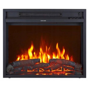 Kominek elektryczny t.b.t. z efektem płomienia i dekoracją drewna.