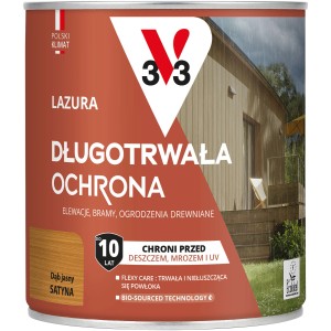 Puszka z lazurą do drewna, odcień jasny dąb, do długotrwałej ochrony elementów drewnianych na zewnątrz.