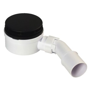 Odpływ do brodzika, syfon z czarną pokrywą i białą rurą z tworzywa sztucznego.