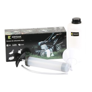 Zestaw do wymiany oleju Krysiak do kosiarek: pompa, pojemnik i akcesoria.